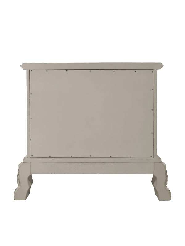 Dresden Bone White Traditional Style Nightstand Light gray wooden bed frame on a white background
