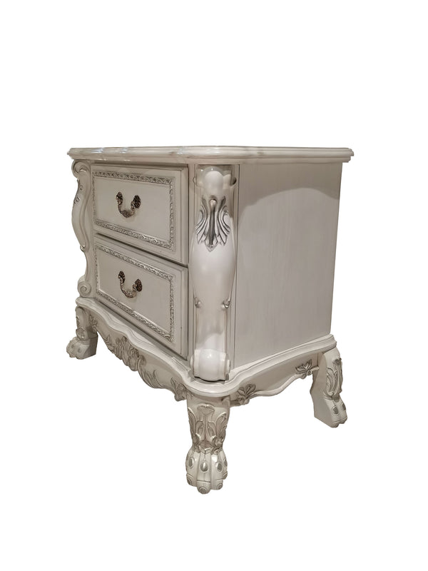 Dresden Bone White Traditional Style Nightstand Decorative chest of drawers with intricate carvings on a white background