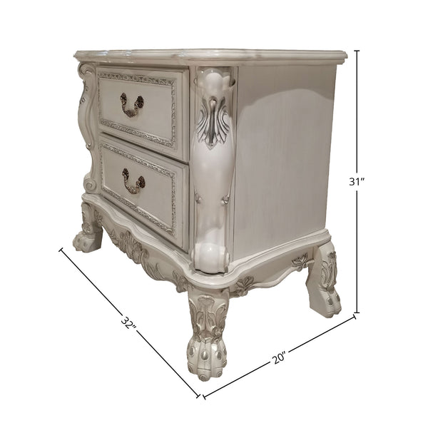 Dresden Bone White Traditional Style Nightstand An ornate two-drawer nightstand in a distressed off-white finish with silver-toned hardware and carved details, shown with dimension lines indicating 31 inches tall, 32 inches wide, and 25 inches deep on a white background.