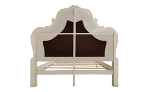 Dresden Bone White Traditional Silhouette Upholstered Bed A white wooden bed frame with an ornate, arched headboard featuring dark brown upholstered panels, shown against a plain white background.