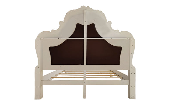 Dresden Bone White Traditional Silhouette Upholstered Bed A white wooden bed frame with an ornate, arched headboard featuring dark brown upholstered panels, shown against a plain white background.