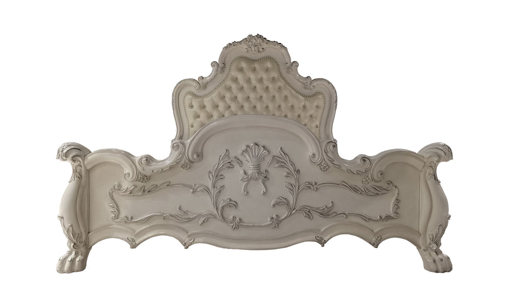 Dresden Bone White Traditional Silhouette Upholstered Bed Elegant bedroom set with a large bed, dresser, and nightstands in a stylish room.