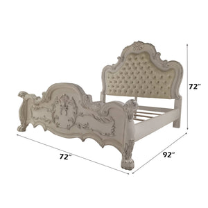 Dresden Bone White Traditional Silhouette Upholstered Bed Decorative bed with dimensions on a white background