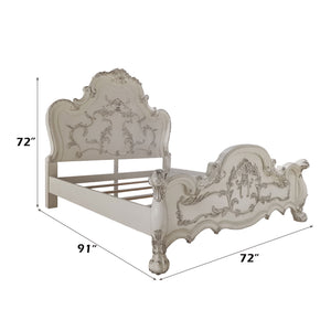 Dresden Bone White Traditional Silhouette Leaf Carving Inlay Bed Decorative bed with ornate headboard and footboard, shown with dimensions on a white background.