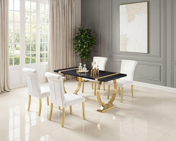 Editta Modern Glam Gold Black Dining Table Dining room with a black and gold table and white chairs in a well-lit room.