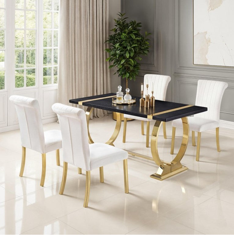 Editta Modern Glam Gold Black Dining Table Dining room with a black and gold table and white chairs.