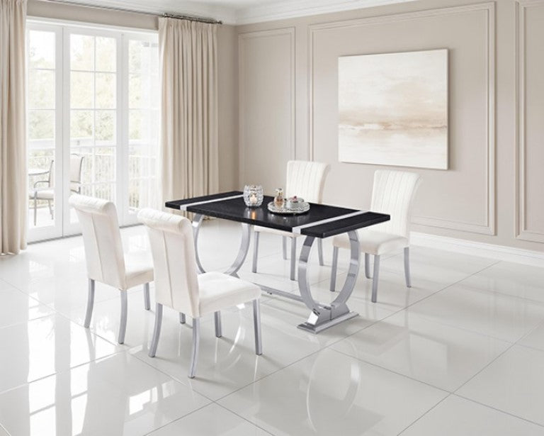 Editta Modern Glam Silver Black Dining Table Modern dining set with black glass table and white chairs in a bright room.