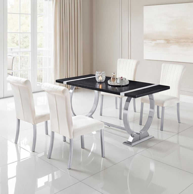 Editta Modern Glam Silver Black Dining Table Modern dining set with black glass table and white chairs in a bright room.
