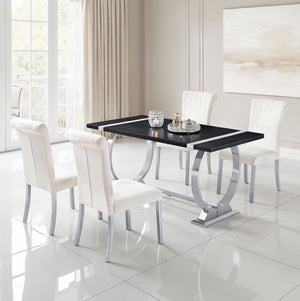 Editta Modern Glam Silver Black Dining Table Modern dining set with black glass table and white chairs in a bright room.