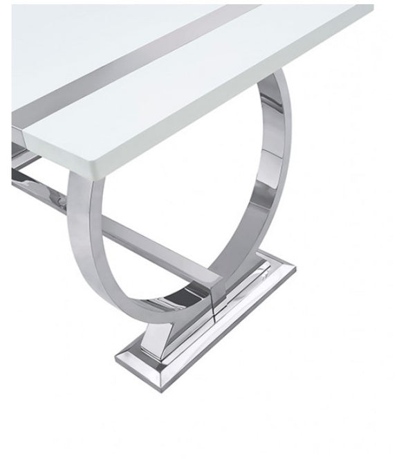 Editta Modern Glam Silver White Dining Table Modern console table with glass top and chrome base on a white background
