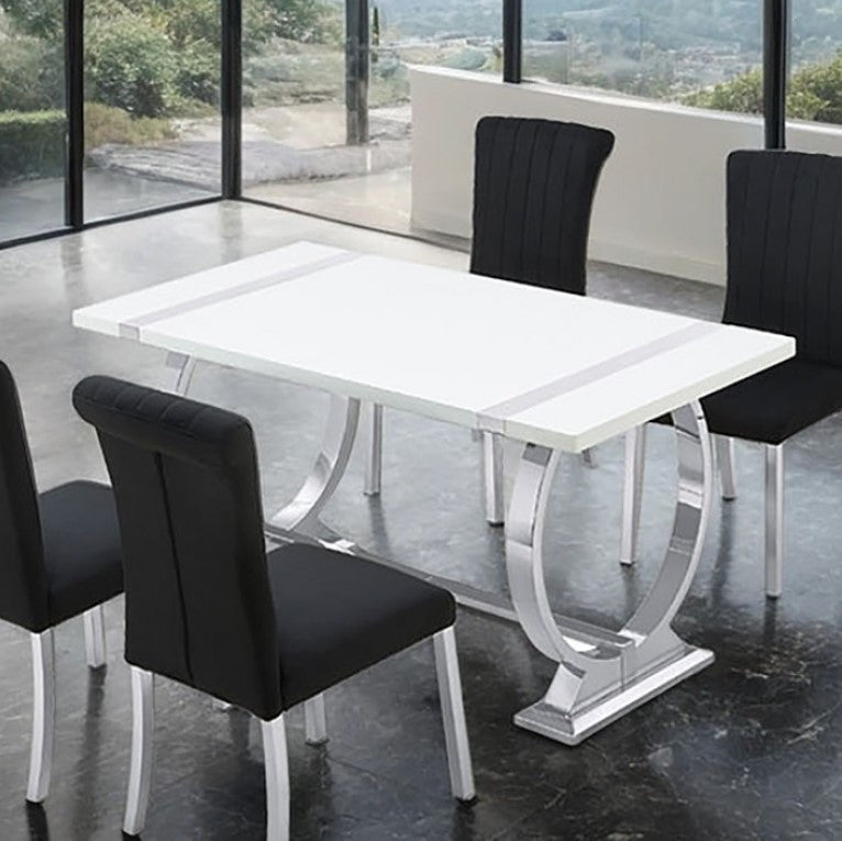 Editta Modern Glam Silver White Dining Table Dining table with black chairs in a modern room with large windows.