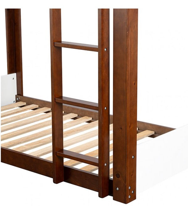 Elia Twin Twin White Dark Cherry Low Bunkbed Wooden bunk bed with ladder on a white background
