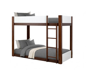 Elia Twin Twin White Dark Cherry Low Bunkbed Bunk bed with wooden frame and white top bunk, gray bedding on bottom bunk.