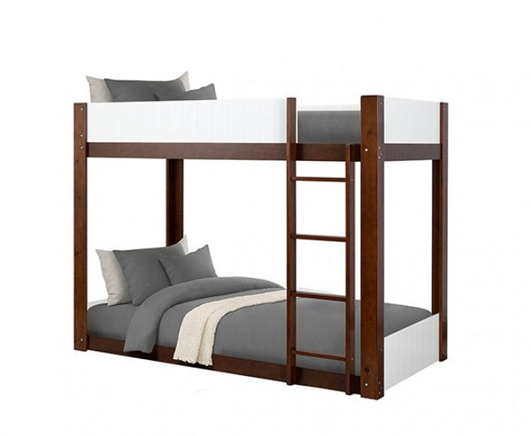 Elia Twin Twin White Dark Cherry Low Bunkbed Bunk bed with wooden frame and white top bunk, gray bedding on bottom bunk.