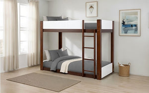 Elia Twin Twin White Dark Cherry Low Bunkbed Bunk bed in a room with light wood flooring and white walls.