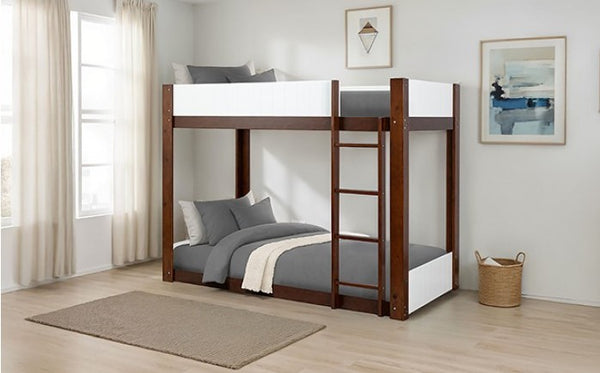 Elia Twin Twin White Dark Cherry Low Bunkbed Bunk bed in a room with light wood flooring and white walls.