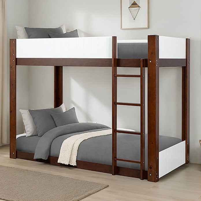 Elia Twin Twin White Dark Cherry Low Bunkbed Wooden bunk bed with white top and brown bottom in a room setting.