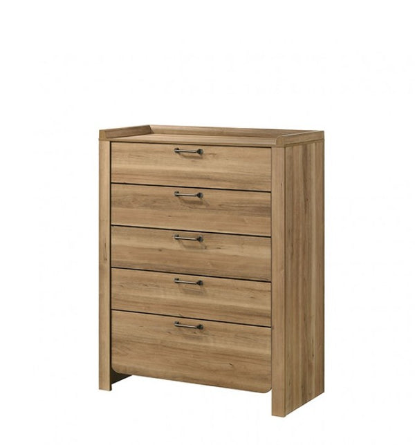 Elina LED Natural Finish Chest Wooden dresser with four drawers on a white background