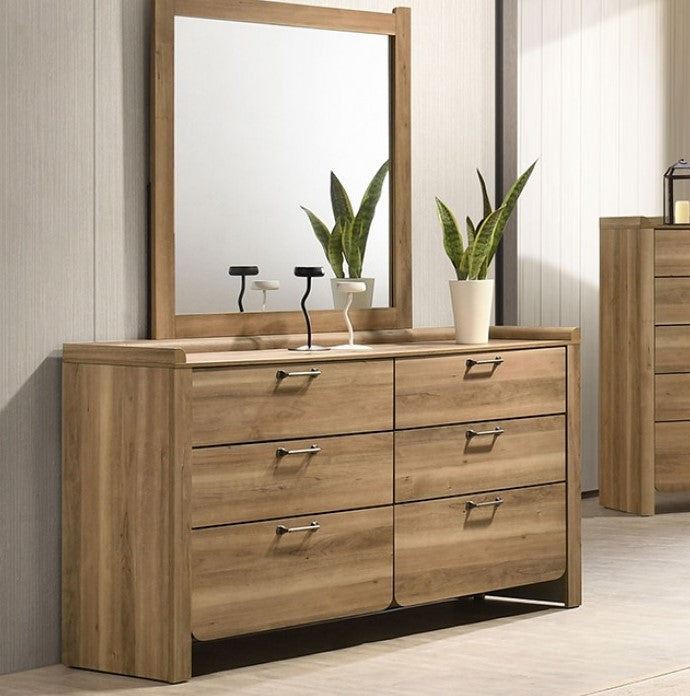 Elina LED Natural Finish Dresser Wooden dresser with mirror and decorative items in a room setting