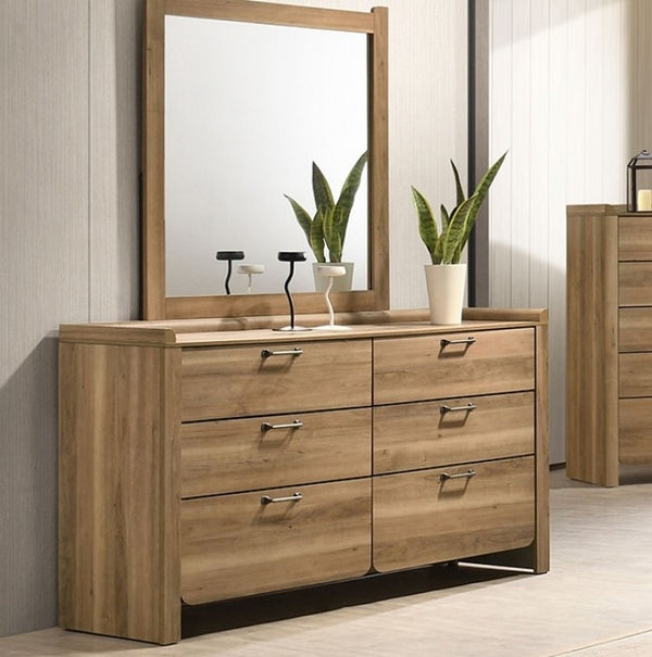 Elina LED Natural Finish Dresser Wooden dresser with mirror and decorative items in a room setting