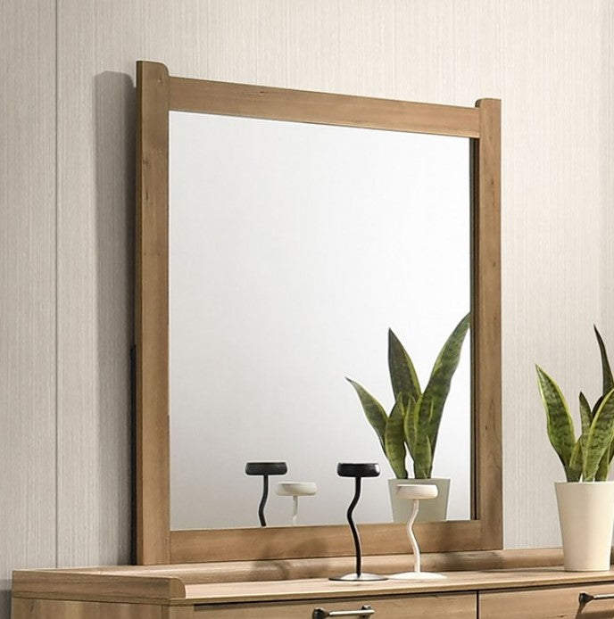 Elina Natural Finish Mirror Wooden mirror with a wooden frame on a wall.