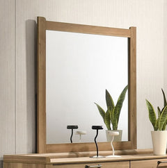 Elina Natural Finish Mirror Wooden mirror with a wooden frame on a wall.