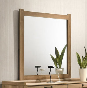 Elina Natural Finish Mirror Wooden mirror with a wooden frame on a wall.