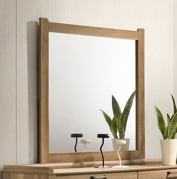 Elina Natural Finish Mirror Wooden mirror with a wooden frame on a wall.