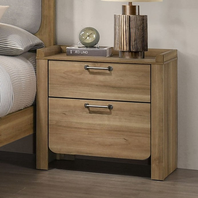 Elina LED Natural Finish Nightstand Wooden nightstand with two drawers, lamp, and clock in a bedroom setting.