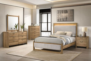 Elina LED Upholstered Headboard Natural Finish Bed Modern bedroom set with wooden furniture and neutral decor