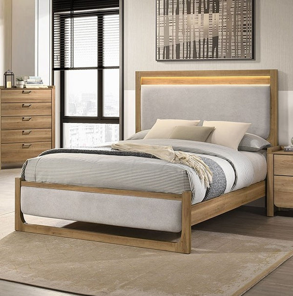Elina LED Upholstered Headboard Natural Finish Bed Wooden bed with upholstered headboard in a bedroom setting