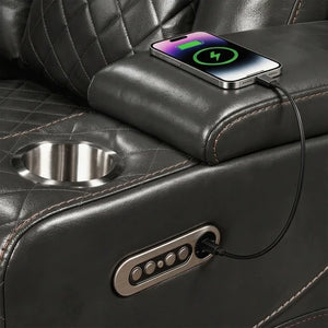 Eloise Power Gray Recliner Sectional Sofa LED Multi Color Lights Phone charging on a car cup holder with a USB cable, inside a black leather car interior.