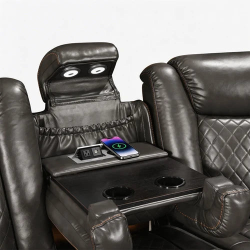 Eloise Power Gray Recliner Sectional Sofa LED Multi Color Lights Luxury leather recliner with cup holders and control panel on a white background