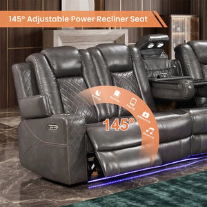 Eloise Power Gray Recliner Sectional Sofa LED Multi Color Lights Black leather recliner seat with padded headrest, quilted side panels, and an extended footrest in a home theater setting. Orange text overlay reads '145° Adjustable Power Recliner Seat' with feature icons and a '145°' arc across the seat.