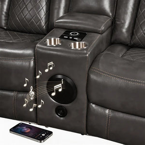 Eloise Power Gray Recliner Sectional Sofa LED Multi Color Lights Dark leather recliner with cup holders and music notes, smartphone on surface