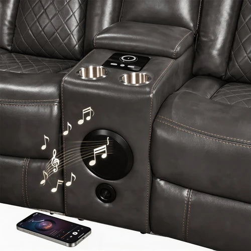 Eloise Power Gray Recliner Sectional Sofa LED Multi Color Lights Dark leather recliner with cup holders and music notes, smartphone on surface