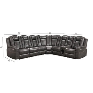 Eloise Power Gray Recliner Sectional Sofa LED Multi Color Lights Black leather sectional sofa with dimension labels showing width, depth, and height measurements on a white background.