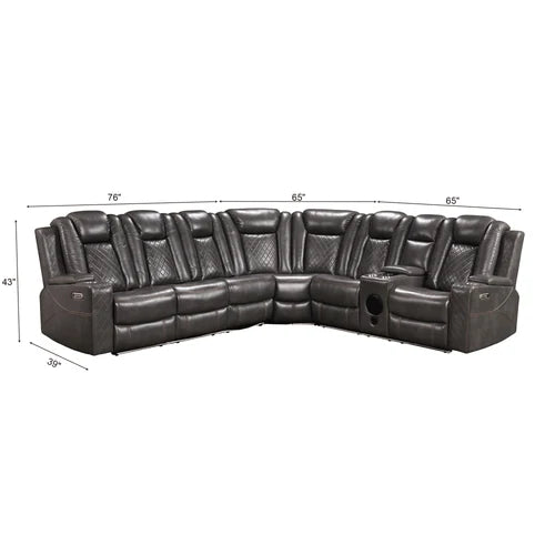 Eloise Power Gray Recliner Sectional Sofa LED Multi Color Lights Black leather sectional sofa with dimension labels showing width, depth, and height measurements on a white background.