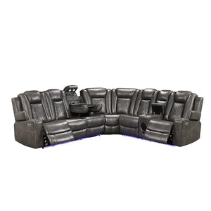 Eloise Power Gray Recliner Sectional Sofa LED Multi Color Lights A large black leather sectional home theater sofa with multiple reclining seats, center console tables, built-in cup holders, and under-seat blue LED lighting, shown against a plain white background.