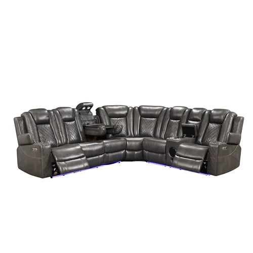 Eloise Power Gray Recliner Sectional Sofa LED Multi Color Lights A large black leather sectional home theater sofa with multiple reclining seats, center console tables, built-in cup holders, and under-seat blue LED lighting, shown against a plain white background.