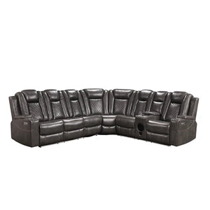 Eloise Power Gray Recliner Sectional Sofa LED Multi Color Lights A dark brown leather reclining sectional sofa with multiple seat cushions, quilted backrests, and a center console cup holder, shown against a plain white background.