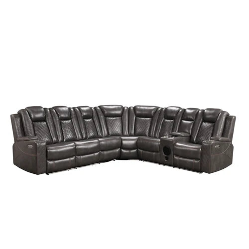 Eloise Power Gray Recliner Sectional Sofa LED Multi Color Lights A dark brown leather reclining sectional sofa with multiple seat cushions, quilted backrests, and a center console cup holder, shown against a plain white background.