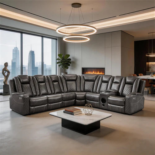 Eloise Power Gray Recliner Sectional Sofa LED Multi Color Lights Modern living room with a large sectional sofa, coffee table, and cityscape view.