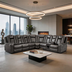 Eloise Power Gray Recliner Sectional Sofa LED Multi Color Lights Modern living room with a large sectional sofa, coffee table, and cityscape view.