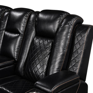 Eloise Power Recliner Sectional Sofa LED Multi Color Lights Close-up of a black leather recliner with diamond stitching on a white background