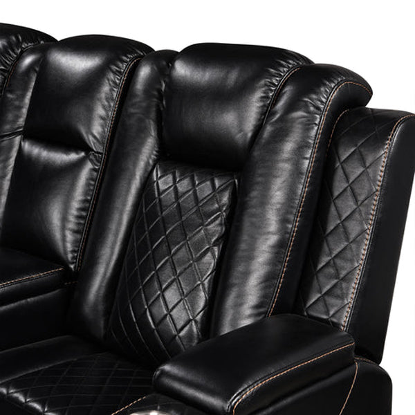 Eloise Power Recliner Sectional Sofa LED Multi Color Lights Close-up of a black leather recliner with diamond stitching on a white background