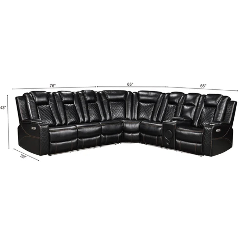 Eloise Power Recliner Sectional Sofa LED Multi Color Lights A black leather sectional sofa with quilted backrests, built-in side tables, and blue LED underglow, shown in a modern living room setting on a gray shag rug.
