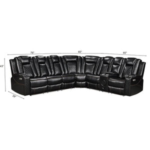 Eloise Power Recliner Sectional Sofa LED Multi Color Lights Black leather sectional home theater seating with multiple recliners, side tables, and dimension callouts showing width, depth, and height measurements on a white background.