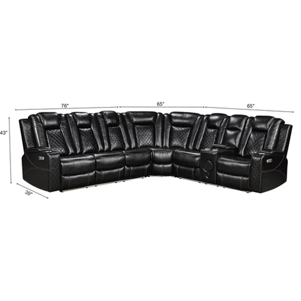 Eloise Power Recliner Sectional Sofa LED Multi Color Lights Black leather sectional home theater seating with multiple recliners, side tables, and dimension callouts showing width, depth, and height measurements on a white background.