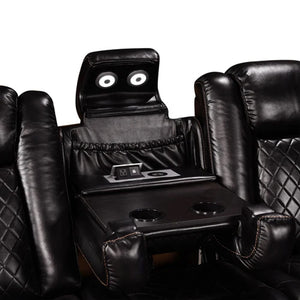 Eloise Power Recliner Sectional Sofa LED Multi Color Lights Black leather recliner with cup holders and entertainment console on a white background